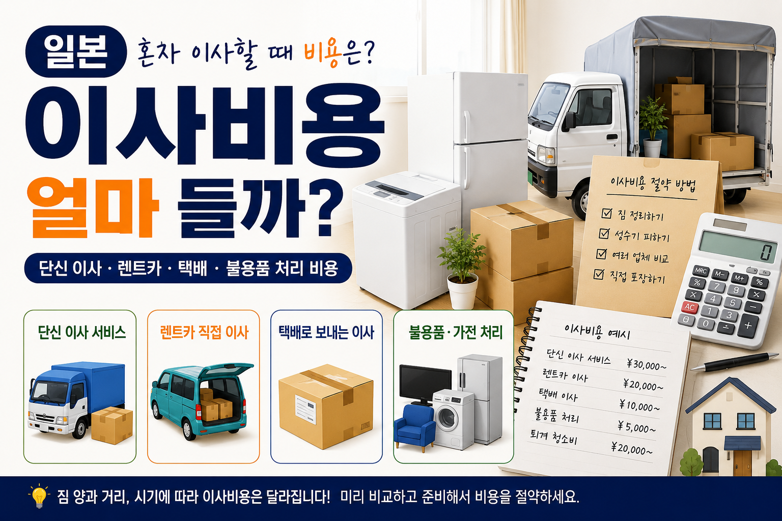 일본 이사비용과 단신 이사, 렌트카, 택배, 불용품 처리 비용을 비교하는 대표이미지
