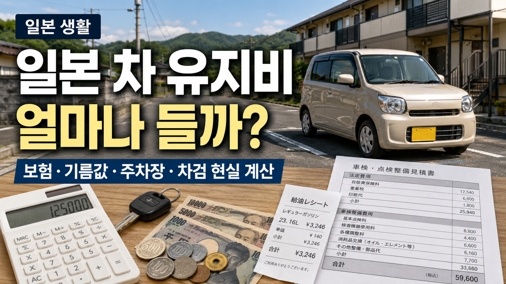 일본 지방생활에서 자동차 유지비, 보험료, 기름값, 주차장, 차검 비용을 계산하는 이미지