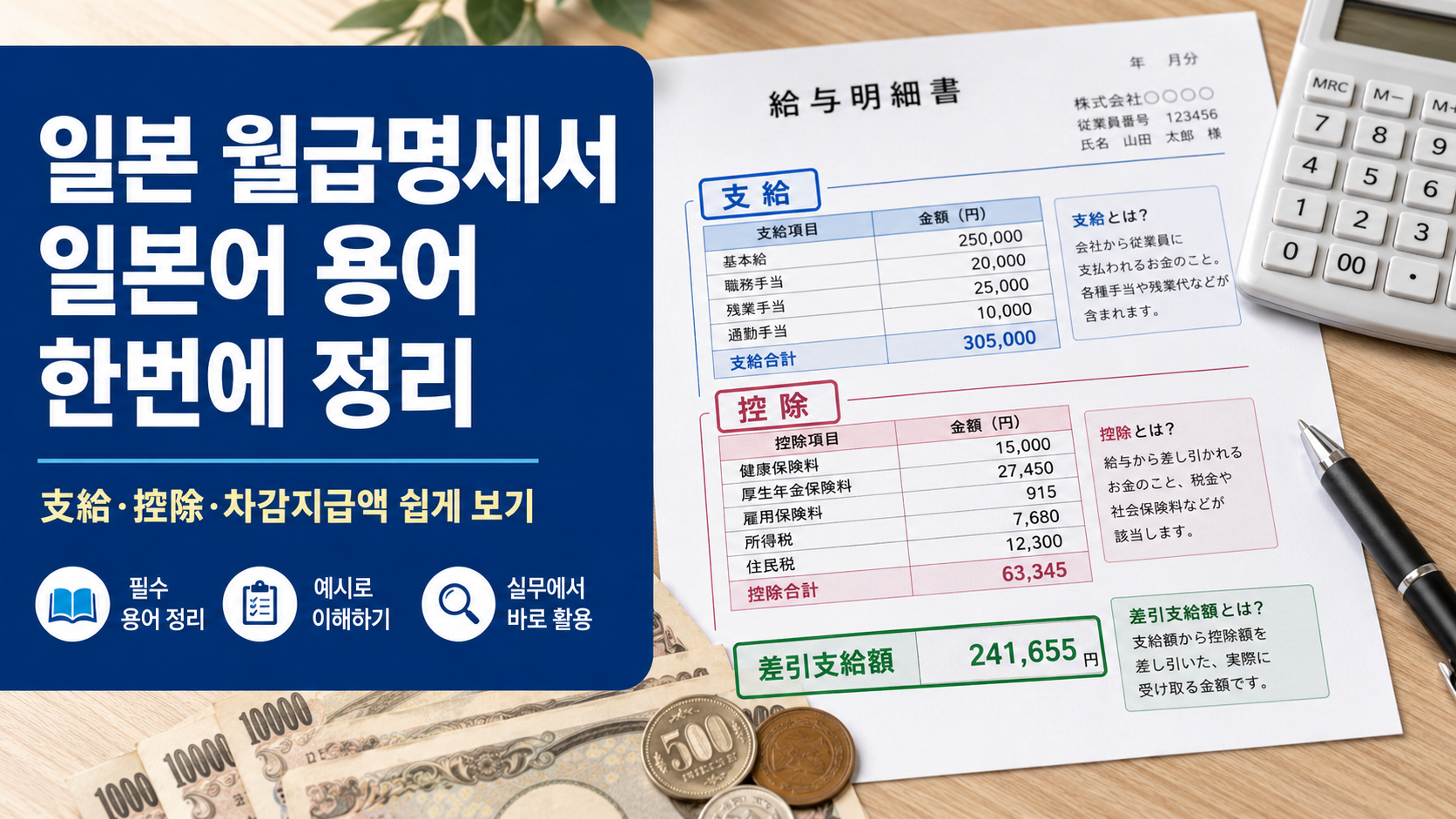 일본 월급명세서의 支給額, 控除額, 手取り 등 일본어 용어를 설명하는 대표이미지