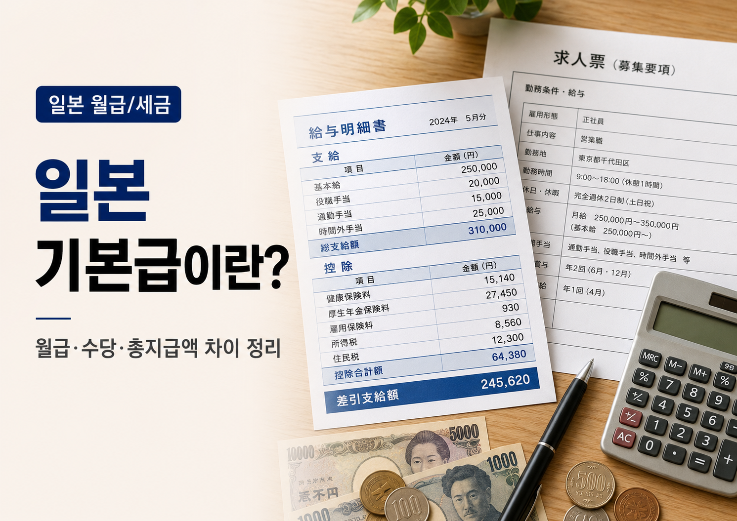 일본 급여명세서에서 기본급 직무수당 고정잔업수당과 총월급을 비교하는 모습