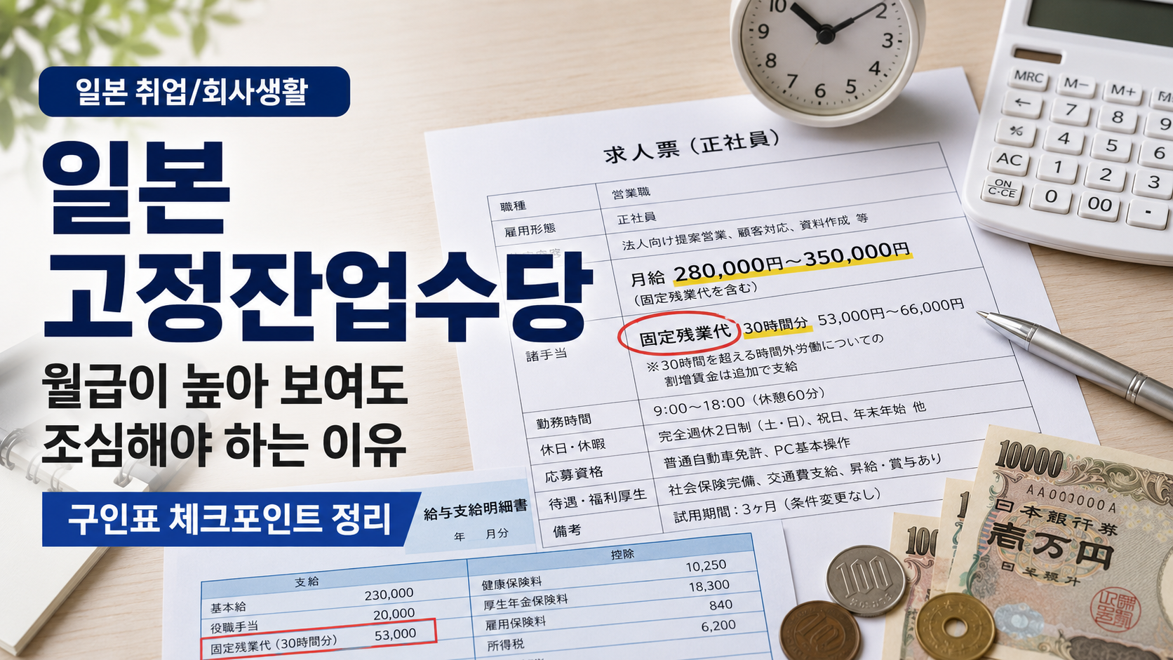 일본 구인표에서 고정잔업수당이 월급에 포함되는 구조를 설명하는 이미지