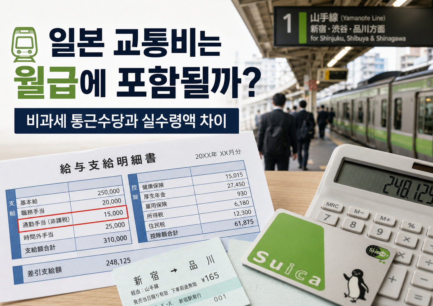 일본 회사의 전철 버스 자동차 통근수당과 교통비 비과세 한도를 계산하는 모습