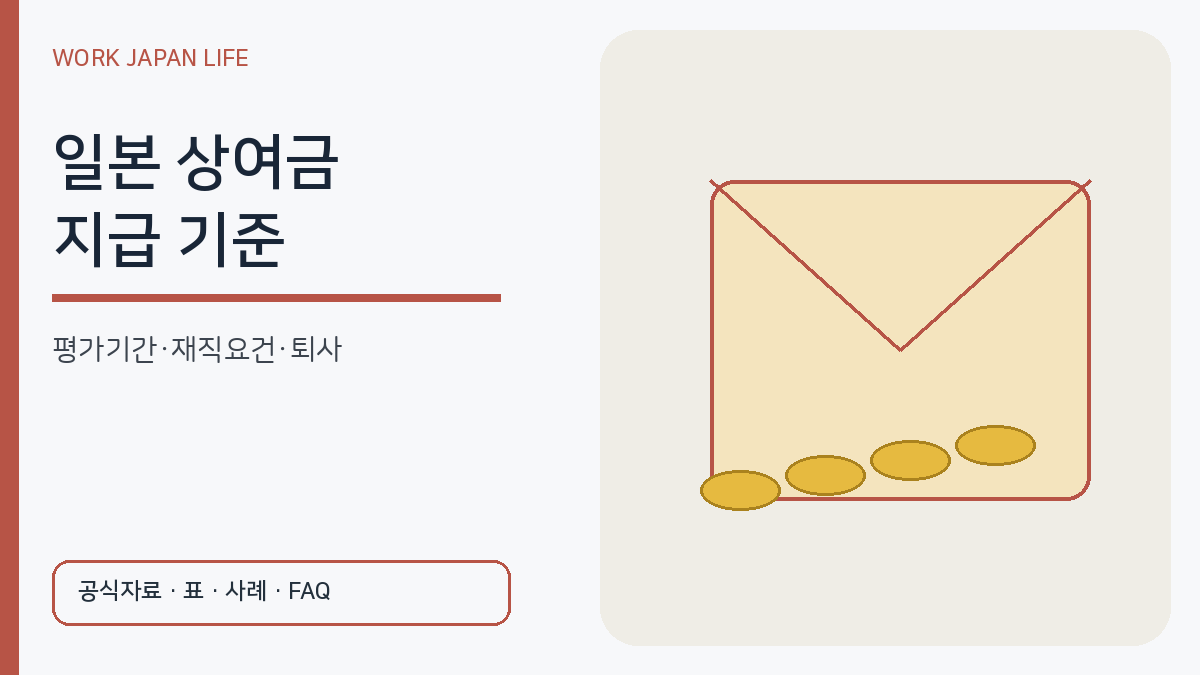 일본 상여금의 평가기간과 지급일 재직요건을 달력·봉투·급여명세서로 설명하는 이미지