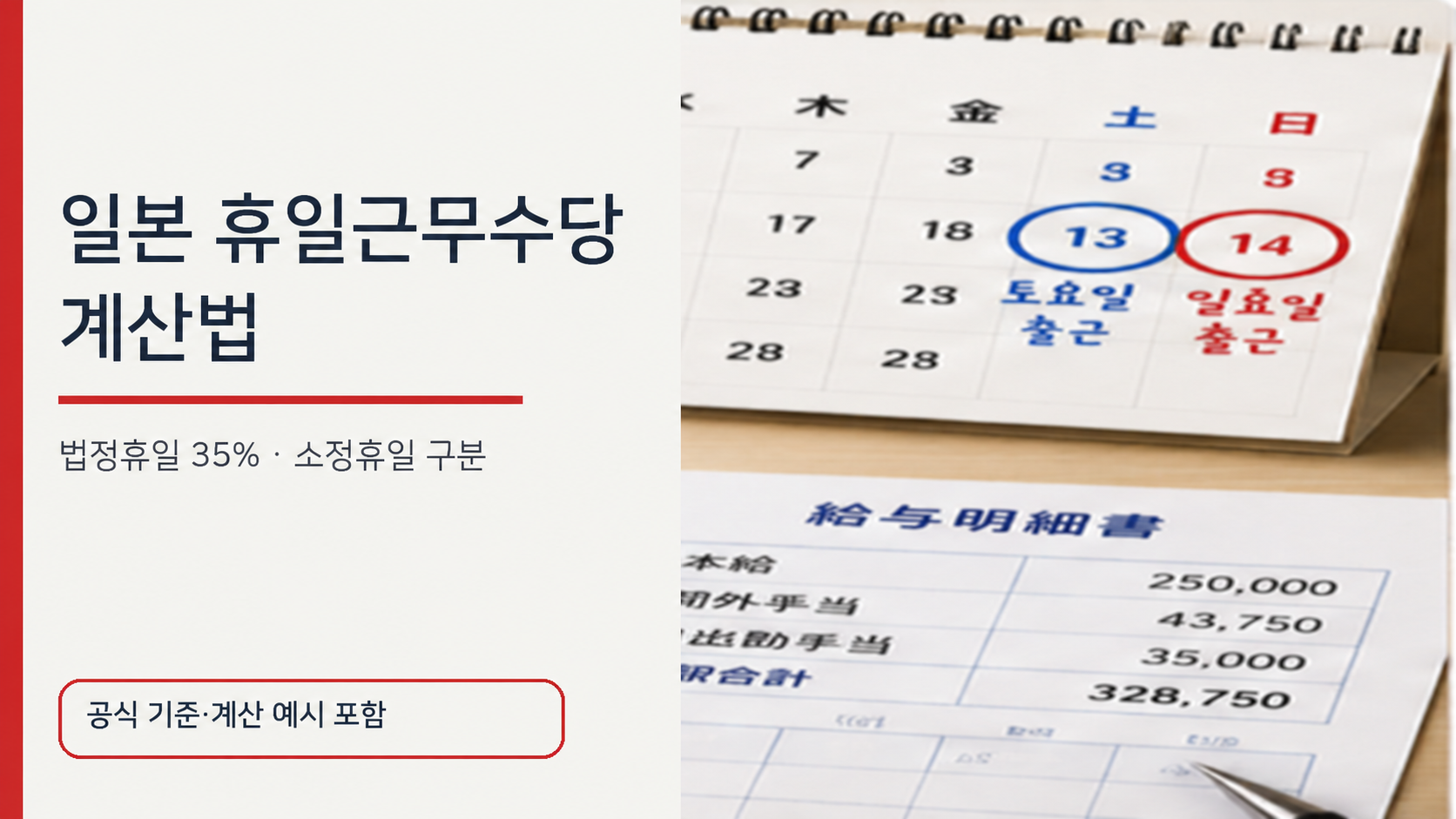 일본 달력과 급여명세서를 배경으로 법정휴일과 소정휴일의 휴일근무수당 차이를 설명하는 이미지