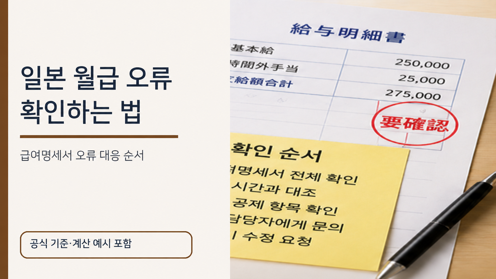 일본 급여명세서와 확인 목록으로 월급 오류를 점검하는 순서를 설명하는 이미지
