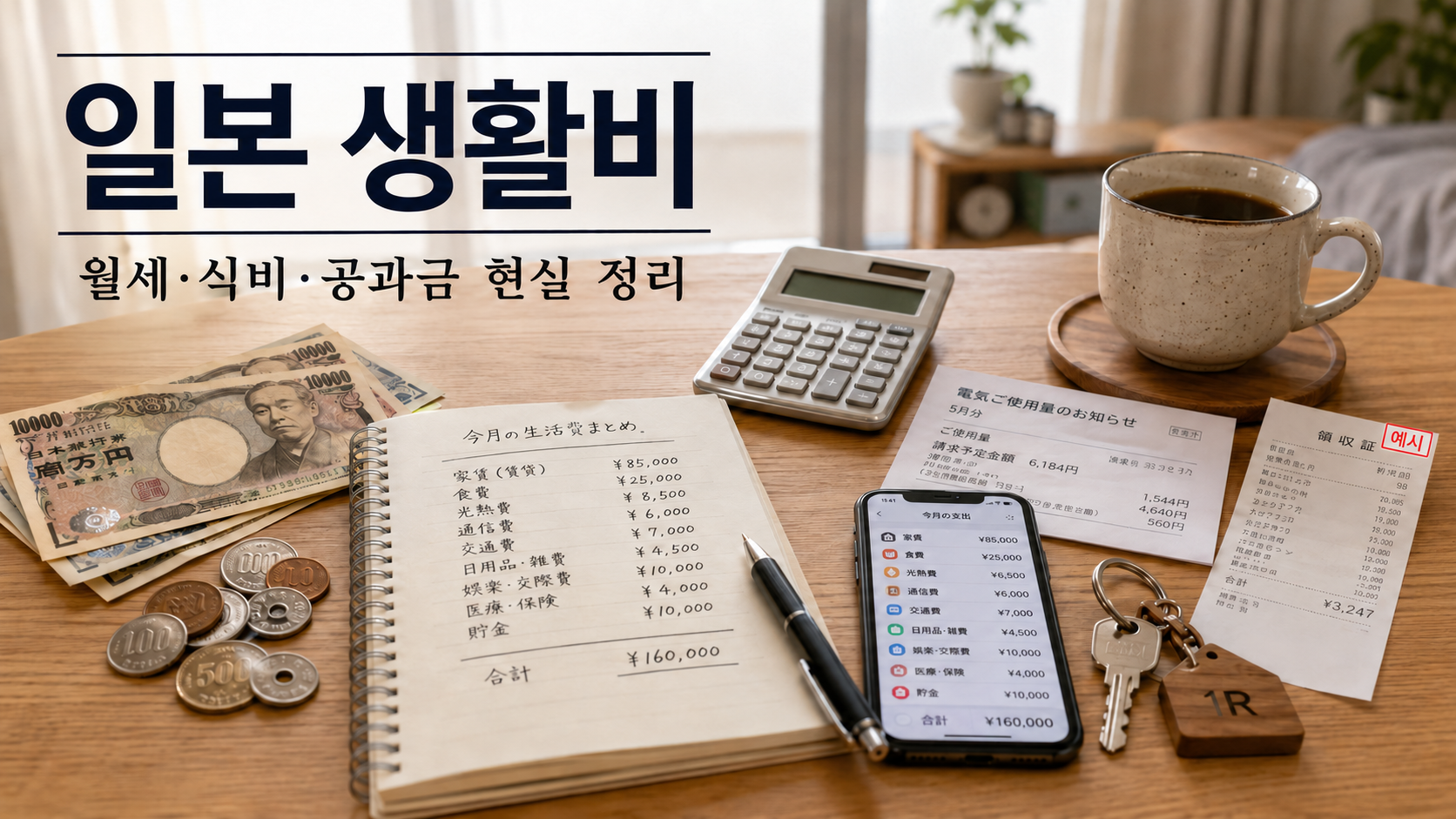 일본 원룸에서 월세 식비 공과금 등 한 달 생활비를 계산하는 모습 — 식별필드를 제거한 예시 이미지